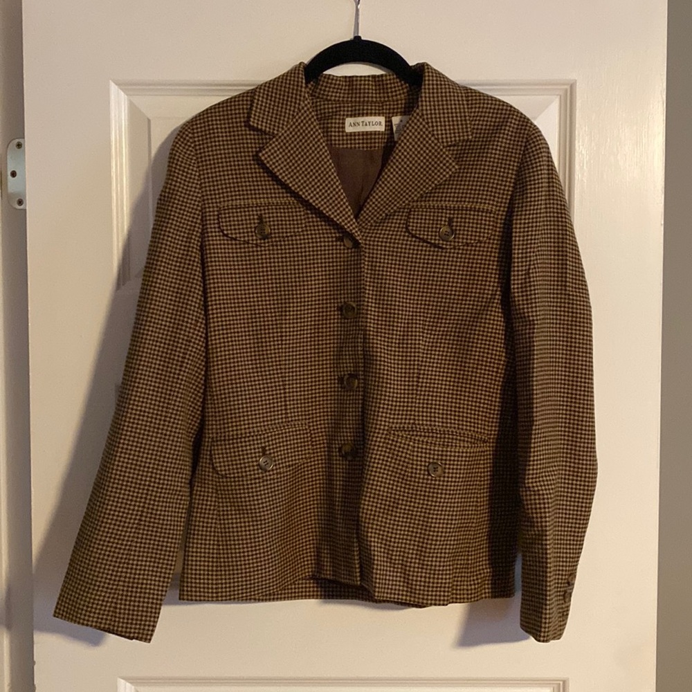 Ann Taylor button up lined blazer brown check size 4
